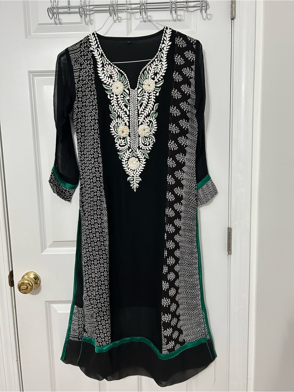 Indian Pakistani kurta top in chiffon in black with white and green accents